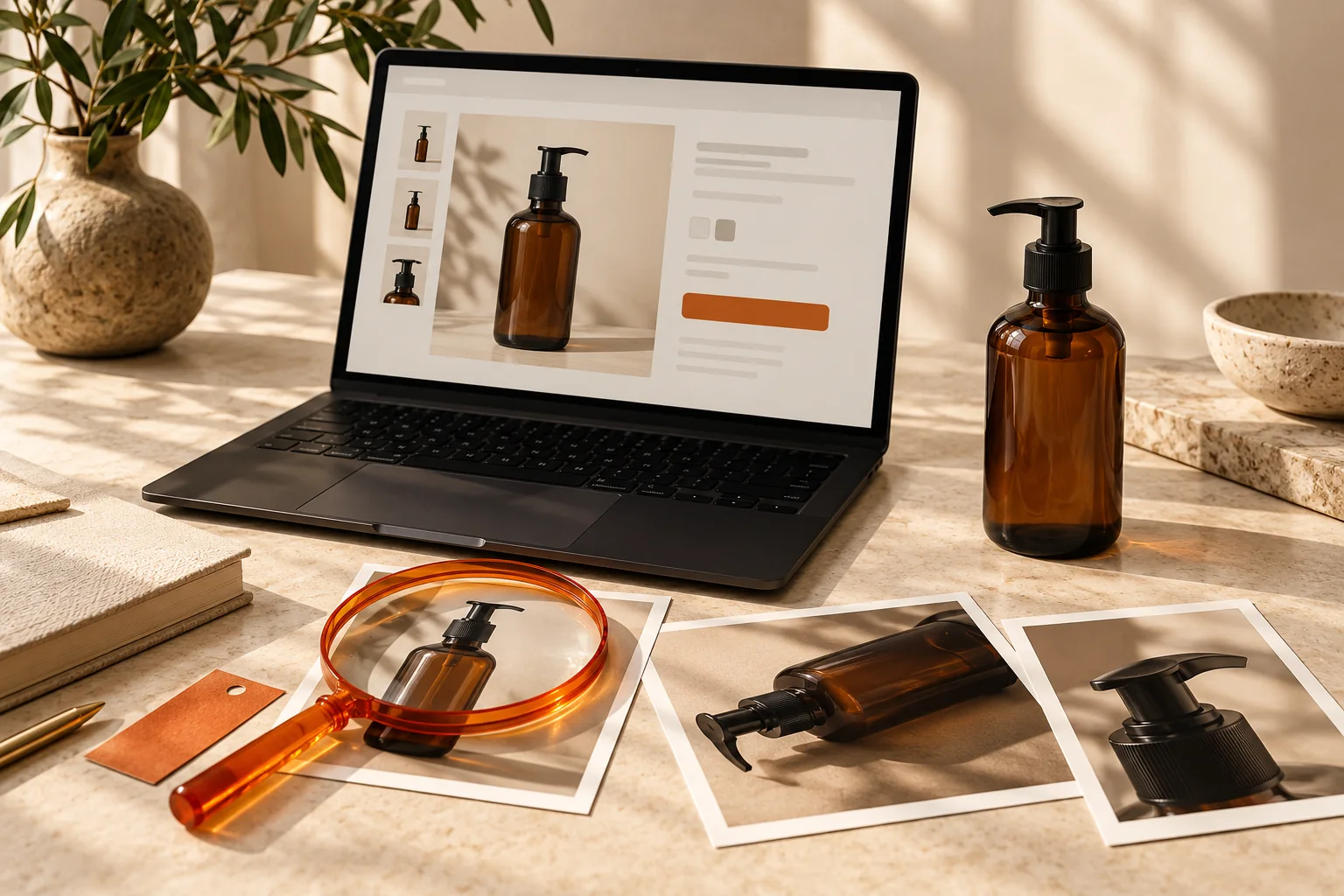 Concept illustration of reviewing a product page and photographs