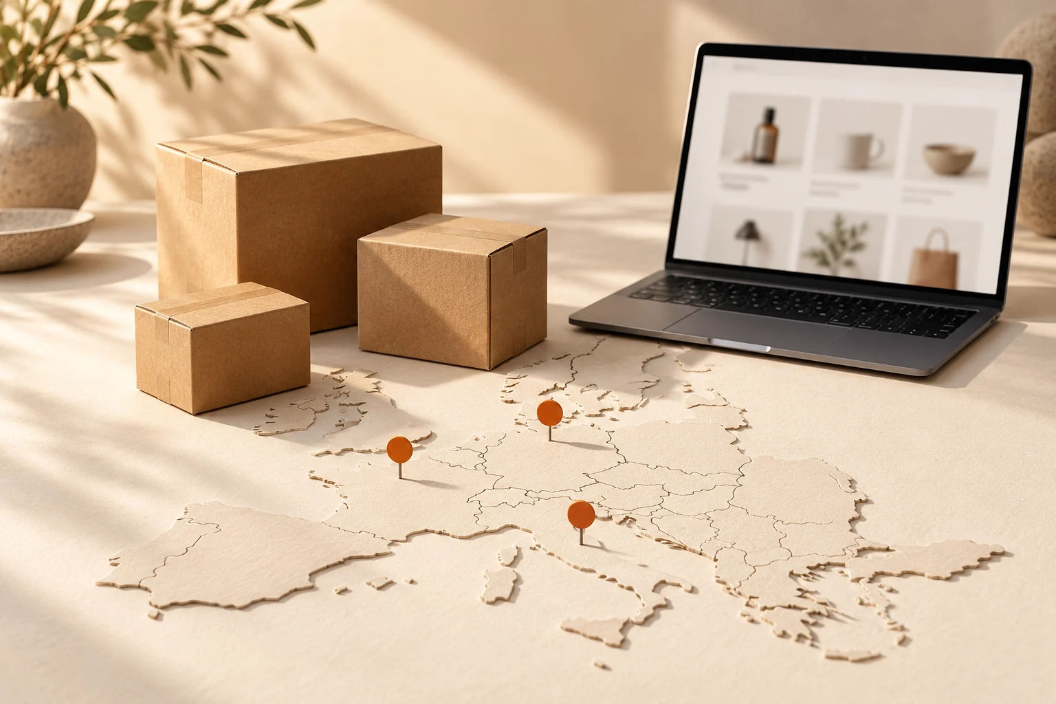 Shipping boxes, a catalogue and a map of European markets