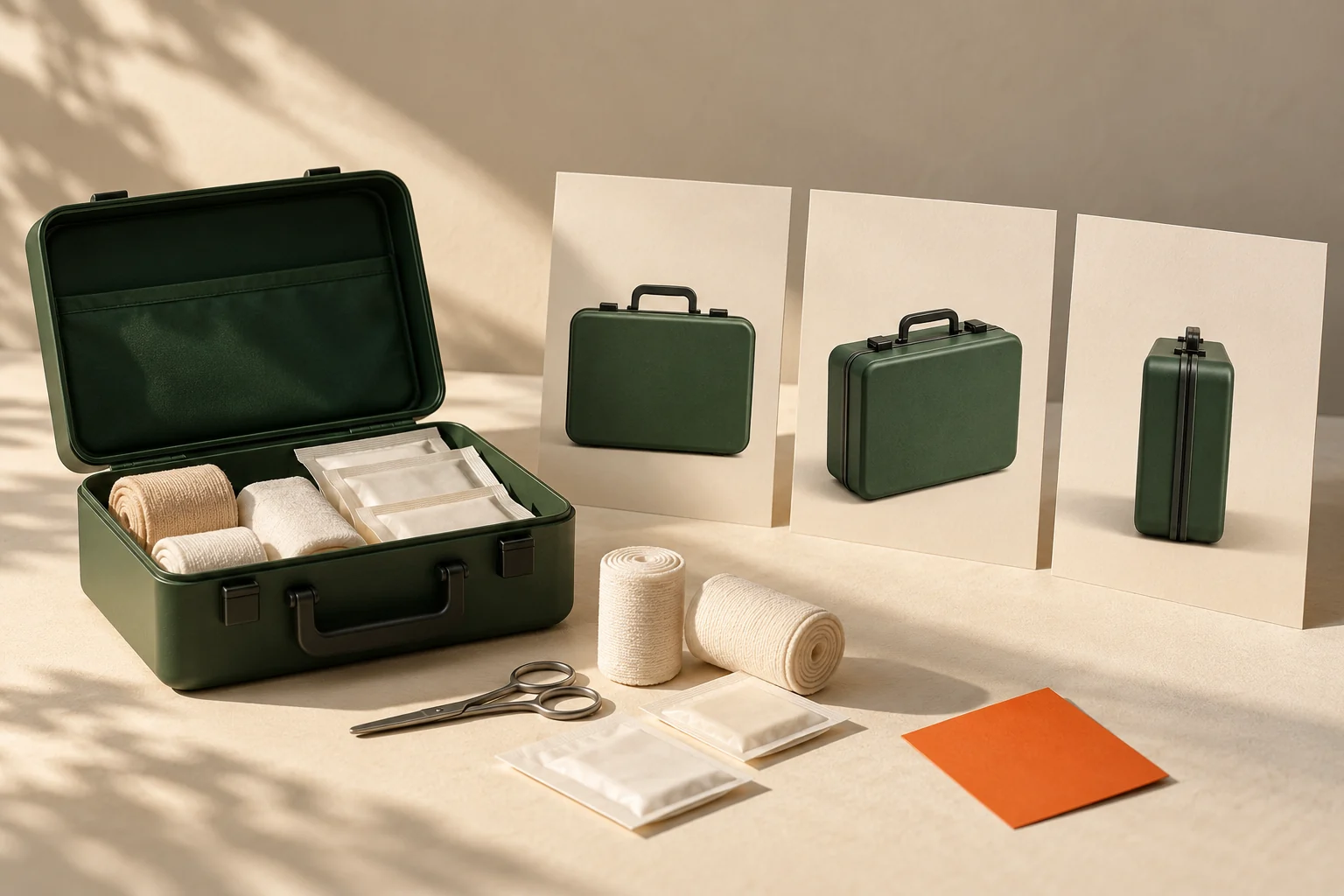 Illustrazione di un kit di pronto soccorso e schede fotografiche