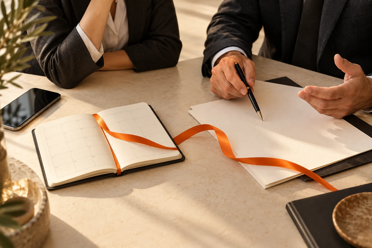 A diary and a sales proposal connected by an orange ribbon