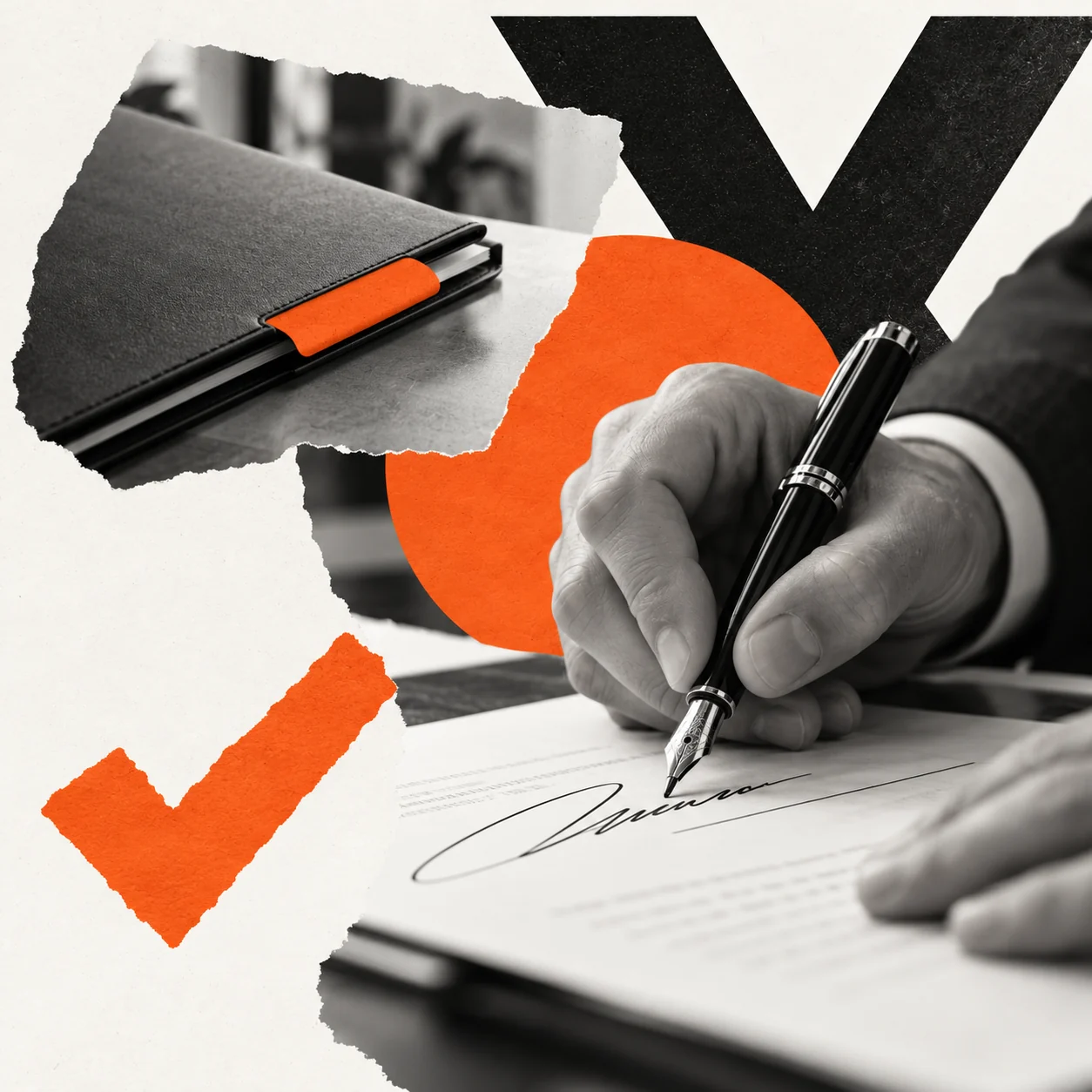 Chiusura: firma di un accordo, con contratto e segno di conferma arancione