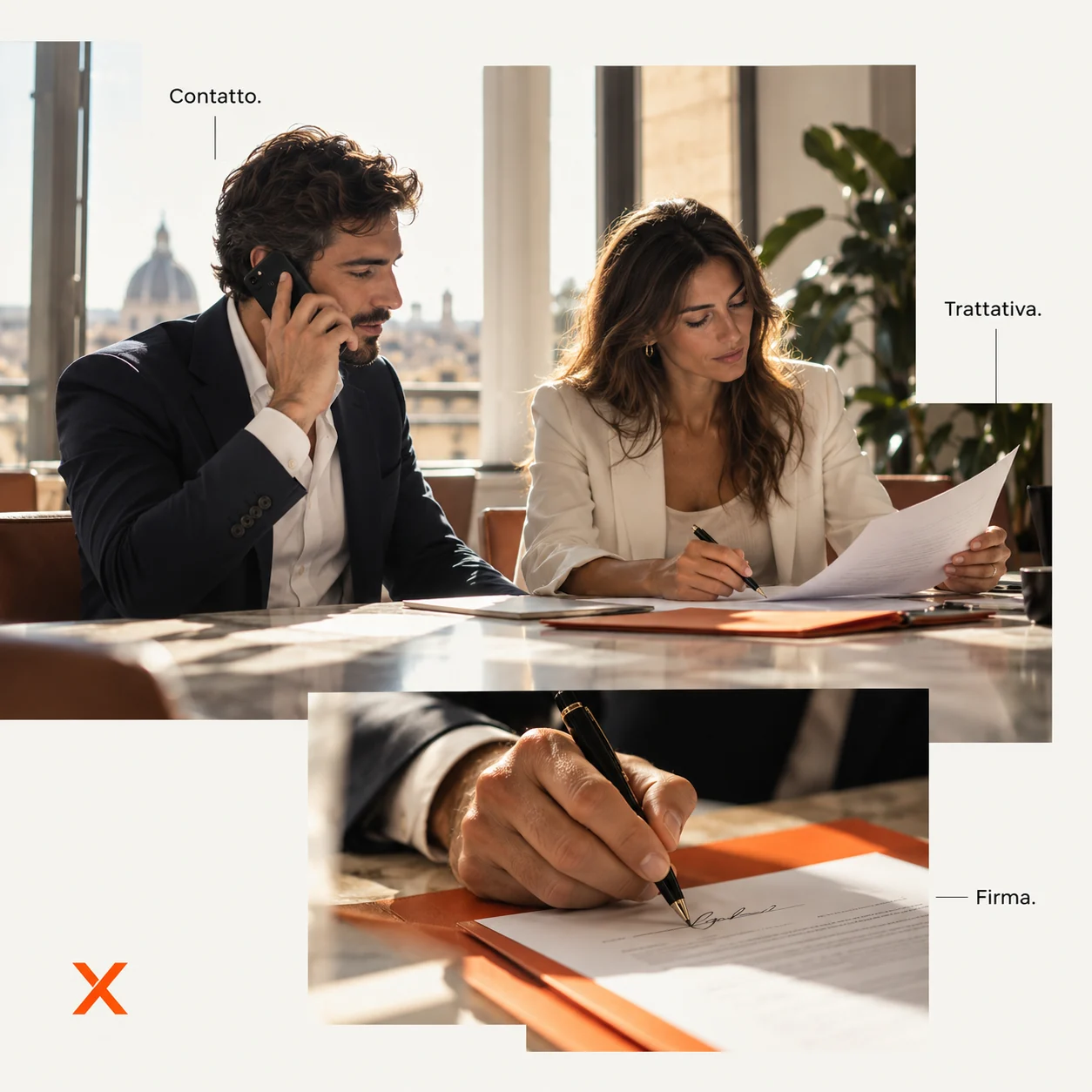 Immagine illustrativa di professionisti al telefono, al lavoro su una proposta e alla firma